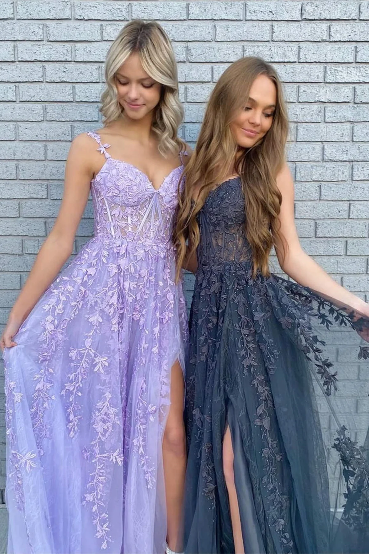 Elegant A-Line V Neck Purple/Black Tulle Lace Long Prom Dress Purple/Black Lace Prom Graduation Prom Dresses Main image