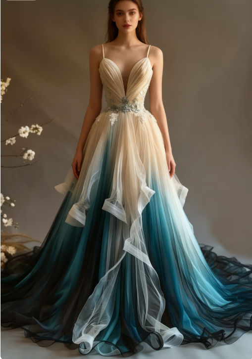 Elegant A-Line V-Neck Tulle Applique Long Prom Dress, Spaghetti Strap Vintage Evening Dress Secondary image