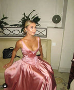 Elegant A Line V Neckline Bridesmaid Dresses Floor-Length Satin Long Pink Evening Dress Prom Dresses