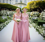 Elegant A Line V Neckline Bridesmaid Dresses Floor-Length Satin Long Pink Evening Dress Prom Dresses