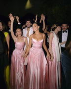 Elegant A Line V Neckline Bridesmaid Dresses Floor-Length Satin Long Pink Evening Dress Prom Dresses
