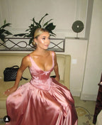 Elegant A-Line V Neckline Floor-Length Satin Long Pink Prom Dresses Prom Dress