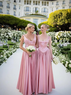 Elegant A-Line V Neckline Floor-Length Satin Long Pink Prom Dresses Prom Dress