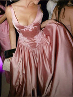 Elegant A-Line V Neckline Floor-Length Satin Long Pink Prom Dresses Prom Dress