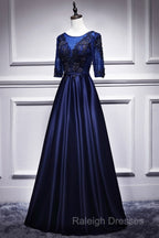 Elegant And Noble Blue Short Sleeved Lace Decal Ball Dress With Blue V-Neck Satin And Beaded Back Zipper And Floor Length Evening Dress