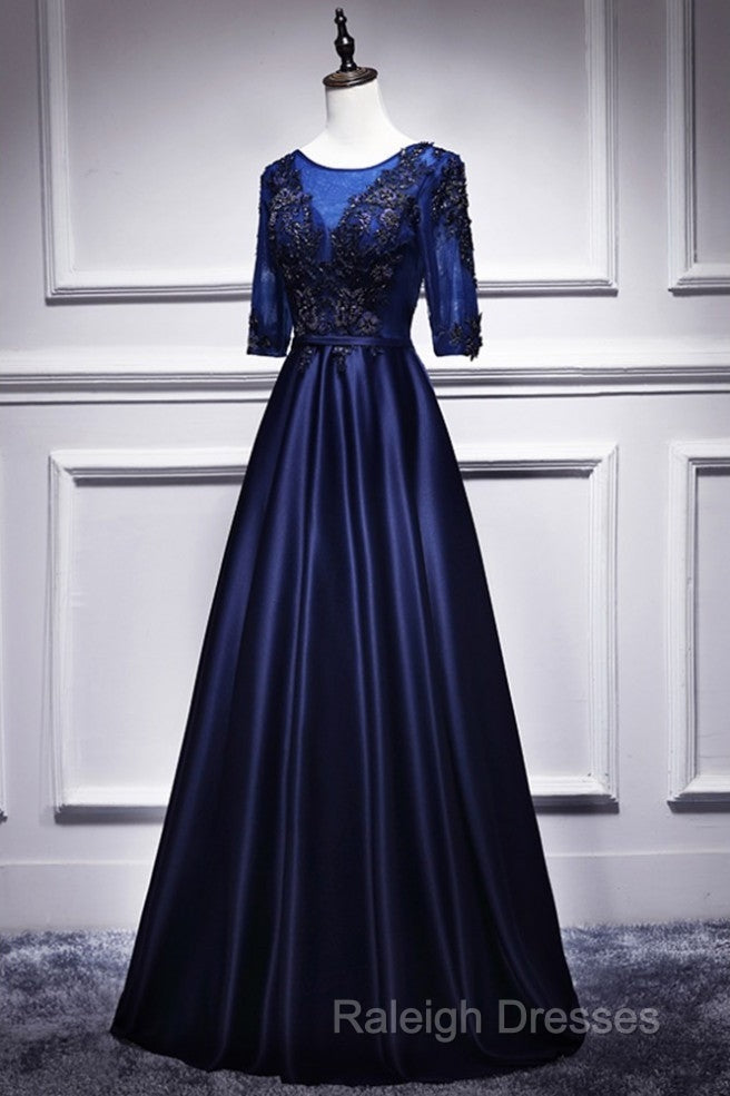 Elegant And Noble Blue Short Sleeved Lace Decal Ball Dress With Blue V-Neck Satin And Beaded Back Zipper And Floor Length Evening Dress