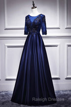 Elegant And Noble Blue Short Sleeved Lace Decal Ball Dresses With Blue V-Neck Satin And Beaded Back Zipper And Floor Length Prom Dresses