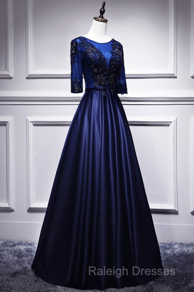 Elegant And Noble Blue Short Sleeved Lace Decal Ball Dress With Blue V-Neck Satin And Beaded Back Zipper And Floor Length Evening Dress