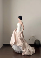 Elegant And Retro Pink And White Irregular Tulle Long Formal Prom Dress Wedding DressP4026