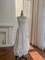 Elegant And Simple White Bud Square Neck Suspender Satin Formal Prom Dress Bridesmaid Dress