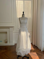 Elegant And Simple White Bud Square Neck Suspender Satin Formal Prom Dress Bridesmaid Dress