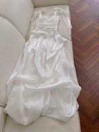 Elegant And Simple White Bud Square Neck Suspender Satin Formal Prom Dress Bridesmaid Dress