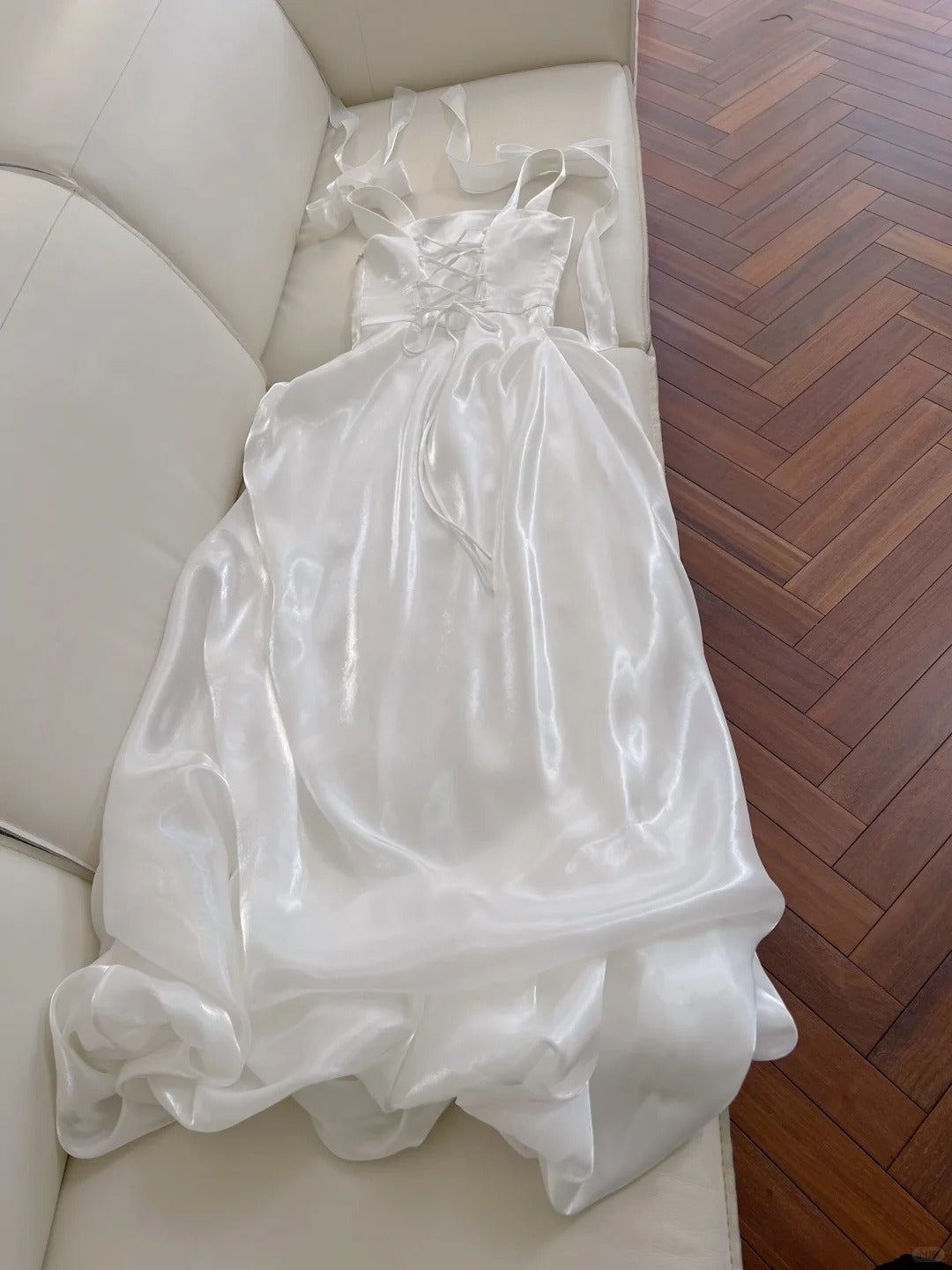 Elegant And Simple White Bud Square Neck Suspender Satin Formal Prom Dress Bridesmaid Dress