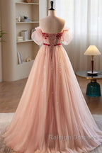 Elegant And Sweet Powder Blusher Powder Beading Sequins Off Shoulder Short Sleeve Prom Dress Powder Blusher Powder A-Shaped Princess Bow Belt Tulle Backless And Floor Length Evening Dress
