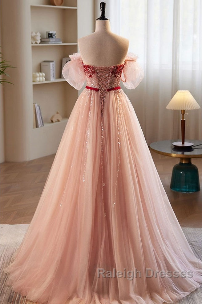 Elegant And Sweet Powder Blusher Powder Beading Sequins Off Shoulder Short Sleeve Prom Dress Powder Blusher Powder A-Shaped Princess Bow Belt Tulle Backless And Floor Length Evening Dress
