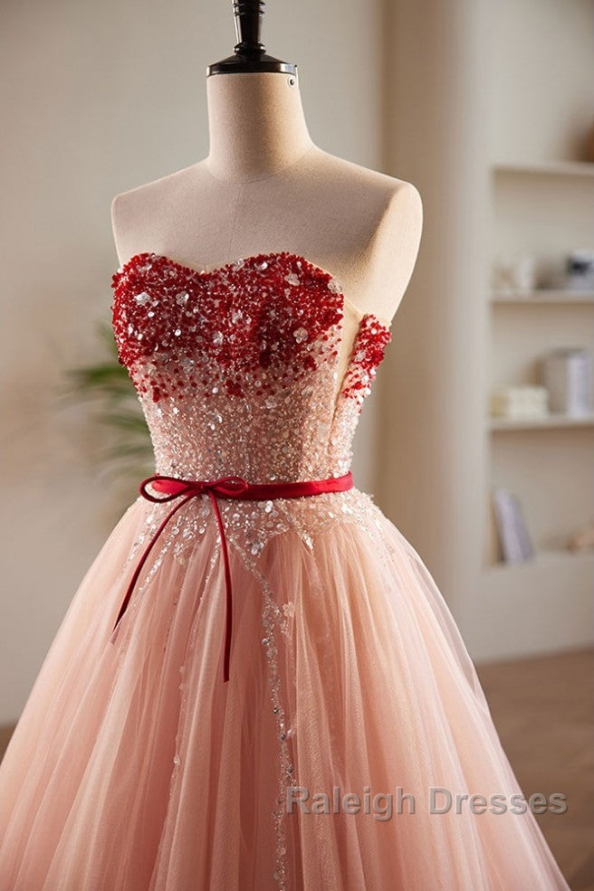Elegant And Sweet Powder Blusher Powder Beading Sequins Off Shoulder Short Sleeve Prom Dresses Powder Blusher Powder A-Shaped Princess Bow Belt Tulle Backless And Floor Length Prom Dresses