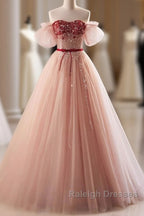 Elegant And Sweet Powder Blusher Powder Beading Sequins Off Shoulder Short Sleeve Prom Dress Powder Blusher Powder A-Shaped Princess Bow Belt Tulle Backless And Floor Length Evening Dress