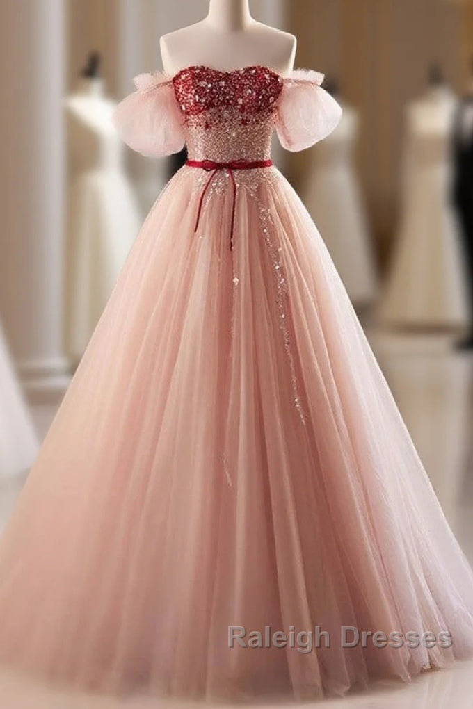 Elegant And Sweet Powder Blusher Powder Beading Sequins Off Shoulder Short Sleeve Prom Dress Powder Blusher Powder A-Shaped Princess Bow Belt Tulle Backless And Floor Length Evening Dress