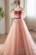 Elegant And Sweet Powder Blusher Powder Beading Sequins Off Shoulder Short Sleeve Prom Dresses Powder Blusher Powder A-Shaped Princess Bow Belt Tulle Backless And Floor Length Prom Dresses