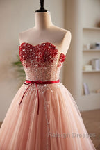Elegant And Sweet Powder Blusher Powder Beading Sequins Off Shoulder Short Sleeve Prom Dress Powder Blusher Powder A-Shaped Princess Bow Belt Tulle Backless And Floor Length Evening Dress