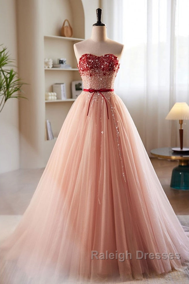 Elegant And Sweet Powder Blusher Powder Beading Sequins Off Shoulder Short Sleeve Prom Dresses Powder Blusher Powder A-Shaped Princess Bow Belt Tulle Backless And Floor Length Prom Dresses