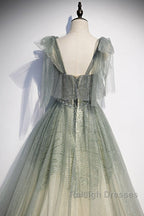 Elegant And Sweet Sage Green Sleeveless Off Shoulder Beads With Sparkling Sheer Sequins Prom Dress Sage Green A-Line Princess Shoulder Off Back Sweeping Train Ruffle Edge Evening Dress