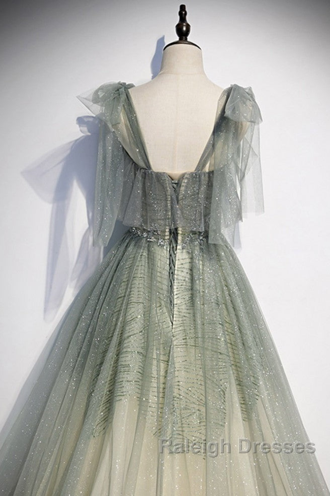 Elegant And Sweet Sage Green Sleeveless Off Shoulder Beads With Sparkling Sheer Sequins Prom Dress Sage Green A-Line Princess Shoulder Off Back Sweeping Train Ruffle Edge Evening Dress