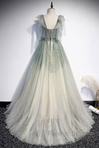Elegant And Sweet Sage Green Sleeveless Off Shoulder Beads With Sparkling Sheer Sequins Prom Dress Sage Green A-Line Princess Shoulder Off Back Sweeping Train Ruffle Edge Evening Dress