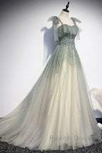 Elegant And Sweet Sage Green Sleeveless Off Shoulder Beads With Sparkling Sheer Sequins Prom Dress Sage Green A-Line Princess Shoulder Off Back Sweeping Train Ruffle Edge Evening Dress