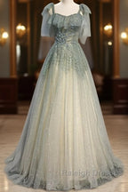 Elegant And Sweet Sage Green Sleeveless Off Shoulder Beads With Sparkling Sheer Sequins Prom Dress Sage Green A-Line Princess Shoulder Off Back Sweeping Train Ruffle Edge Evening Dress