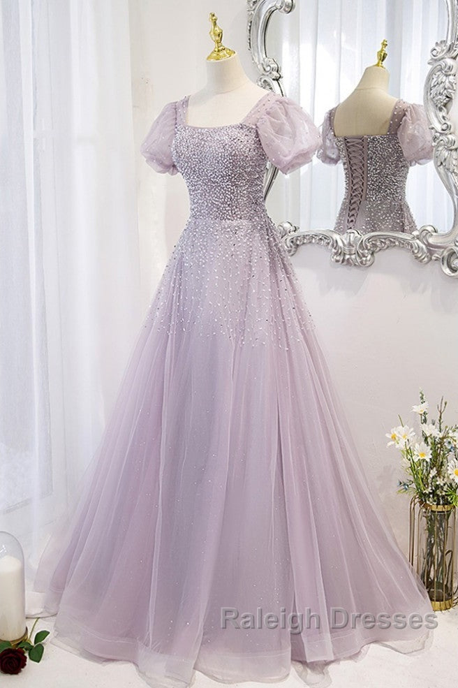 Elegant And Unique Lavender Square Neckline Fluffy Short Sleeved Beaded Sequin Ball Dresses Lavender A-Line Princess Sheer Backless Strap And Floor Length Prom Dresses Secondary image