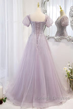 Elegant And Unique Lavender Square Neckline Fluffy Short Sleeved Beaded Sequin Ball Dresses Lavender A-Line Princess Sheer Backless Strap And Floor Length Prom Dresses