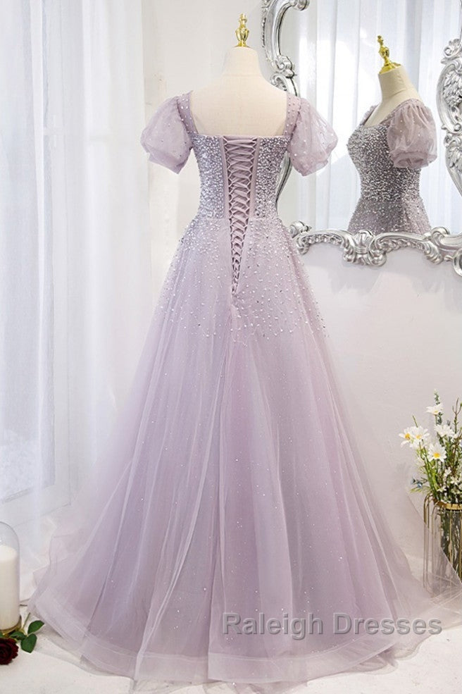 Elegant And Unique Lavender Square Neckline Fluffy Short Sleeved Beaded Sequin Ball Dresses Lavender A-Line Princess Sheer Backless Strap And Floor Length Prom Dresses