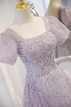 Elegant And Unique Lavender Square Neckline Fluffy Short Sleeved Beaded Sequin Ball Dresses Lavender A-Line Princess Sheer Backless Strap And Floor Length Prom Dresses
