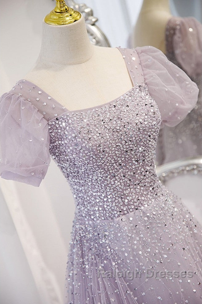 Elegant And Unique Lavender Square Neckline Fluffy Short Sleeved Beaded Sequin Ball Dresses Lavender A-Line Princess Sheer Backless Strap And Floor Length Prom Dresses