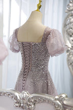 Elegant And Unique Lavender Square Neckline Fluffy Short Sleeved Beaded Sequin Ball Dresses Lavender A-Line Princess Sheer Backless Strap And Floor Length Prom Dresses