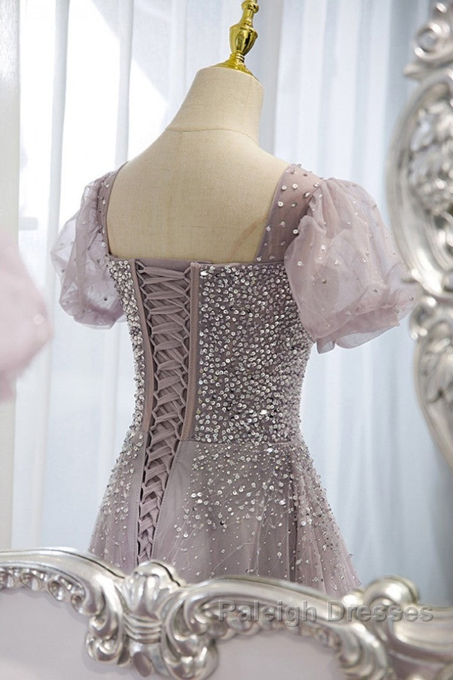 Elegant And Unique Lavender Square Neckline Fluffy Short Sleeved Beaded Sequin Ball Dresses Lavender A-Line Princess Sheer Backless Strap And Floor Length Prom Dresses