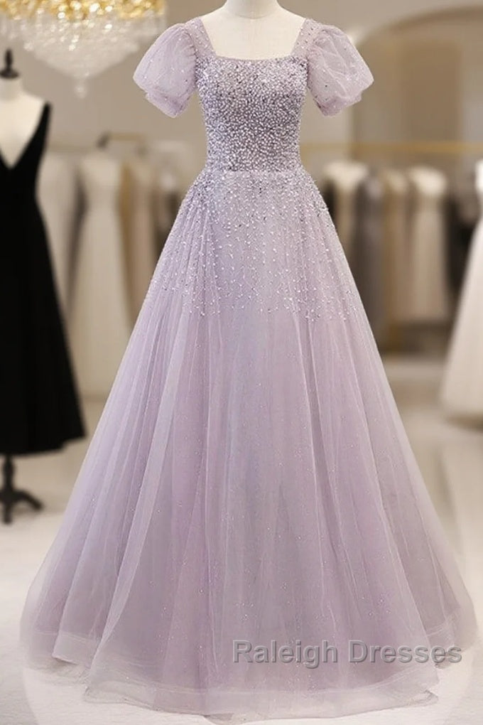 Elegant And Unique Lavender Square Neckline Fluffy Short Sleeved Beaded Sequin Ball Dress Lavender A-Line Princess Sheer Backless Strap And Floor Length Evening Dress Main image
