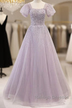 Elegant And Unique Lavender Square Neckline Fluffy Short Sleeved Beaded Sequin Ball Dress Lavender A-Line Princess Sheer Backless Strap And Floor Length Evening Dress