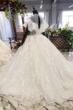 Elegant Ball Gown Big Wedding Dresses, Appliques Bridal Dress With Short Sleeves