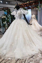 Elegant Ball Gowns Big Wedding Dress Appliques Bridal Dresses With Short Sleeves