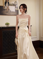 Elegant Beige Spaghetti Strap Square Neck Knot-Embellished Satin Long Formal Prom Dress Bridesmaid Dress