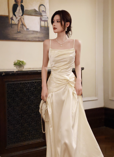 Elegant Beige Spaghetti Strap Square Neck Knot-Embellished Satin Long Formal Prom Dress Bridesmaid Dress