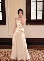 Elegant Beige Spaghetti Strap Square Neck Knot-Embellished Satin Long Formal Prom Dress Bridesmaid Dress