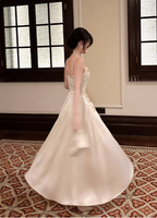 Elegant Beige Spaghetti Strap Square Neck Knot-Embellished Satin Long Formal Prom Dress Bridesmaid Dress