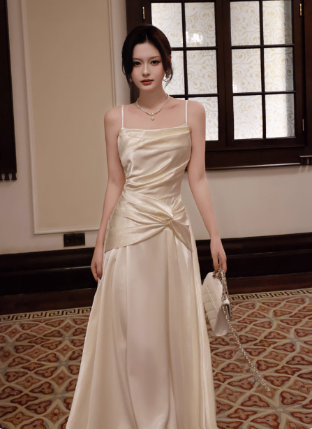 Elegant Beige Spaghetti Strap Square Neck Knot-Embellished Satin Long Formal Prom Dress Bridesmaid Dress