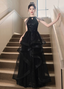Elegant Black A-Line Halter Neck Chain Sequined Tulle Long Formal Prom Dress