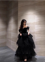 Elegant Black A-Line Off-The-Shoulder Shimmer Tiered Tulle Long Formal Prom Dress