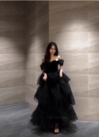 Elegant Black A-Line Off-The-Shoulder Shimmer Tiered Tulle Long Formal Prom Dress