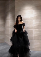 Elegant Black A-Line Off-The-Shoulder Shimmer Tiered Tulle Long Formal Prom Dress